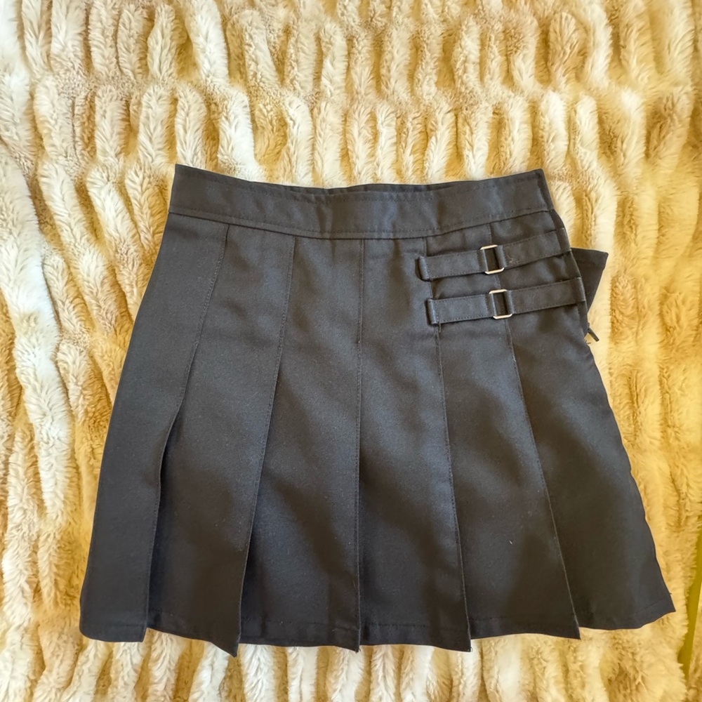 French Toast Black Pleated School Skirt with Side Buckle Straps
